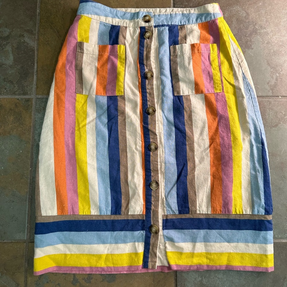 Sold Gilli Skirt Linen Blend Striped Multi Color Rainbow Button Bright Size M